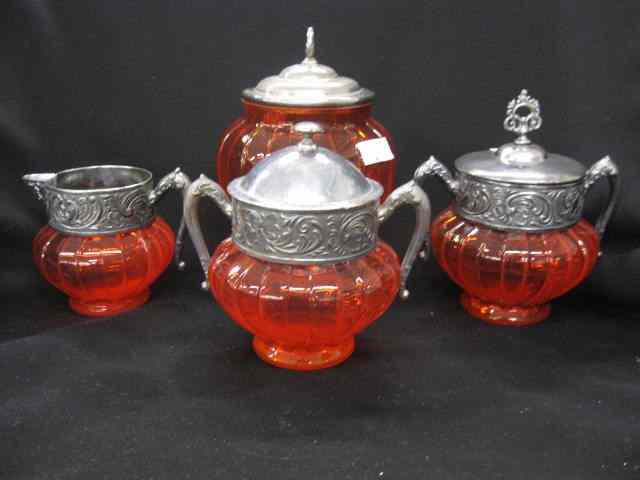 Appraisal: pcs Victorian Red Art Glass with Silverplatetrim includes biscuit jar