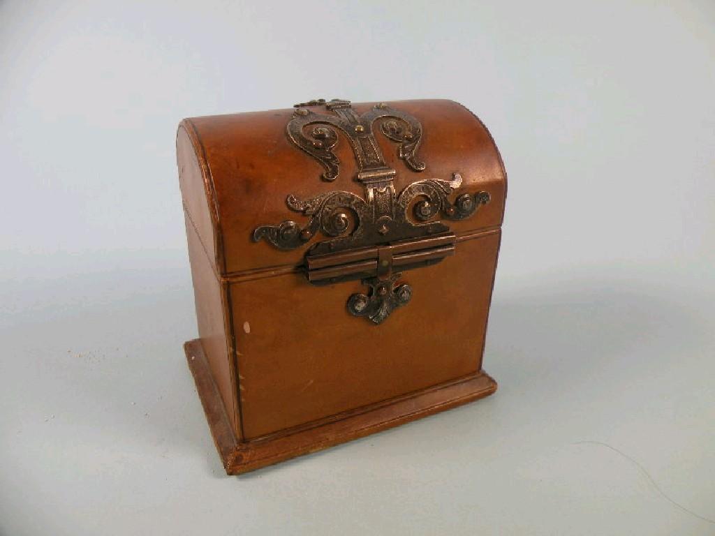 Appraisal: A late thC French brown leather dome topped box containing