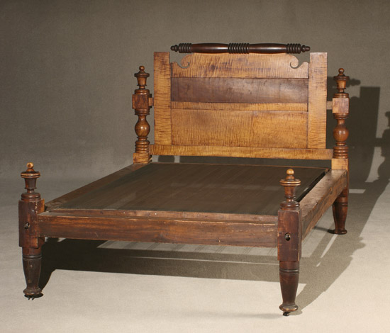 Appraisal: Classical Tiger Maple and Turned Maple Double Semi-Post Bedstead Probably