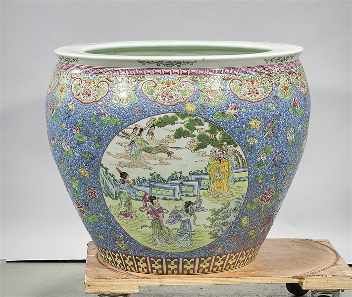 Appraisal: Chinese enameled porcelain fish bowl central scenes with figures flanked