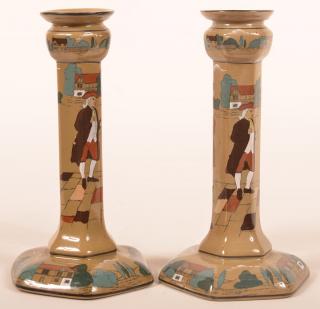 Appraisal: Two Buffalo Pottery Deldare Ware Candlesticks Pair of Buffalo Pottery