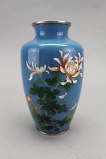 Appraisal: Japanese Cloisonne Floral Vase Silver Rim Japanese Cloisonne Floral Vase