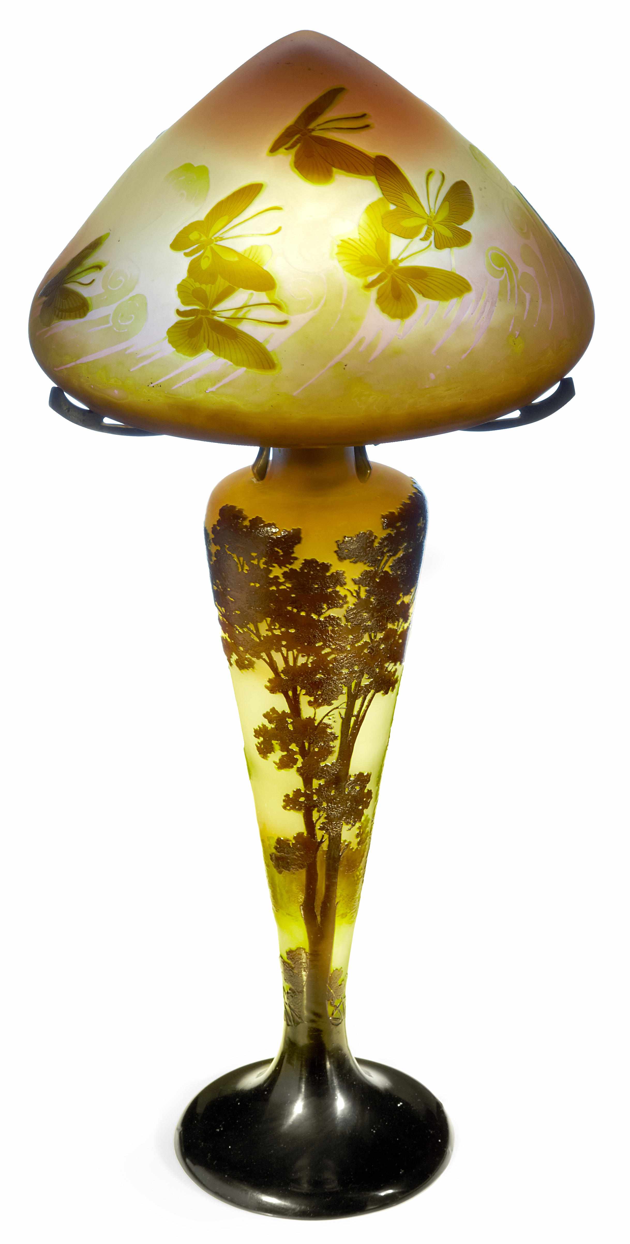 Appraisal: A Gall cameo glass landscape and butterflies lamp early th