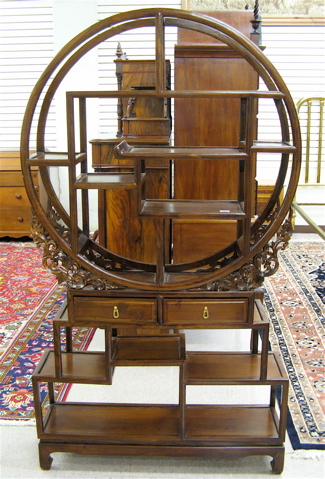 Appraisal: CHINESE ELMWOOD ETAGERE in two section with open shelves the