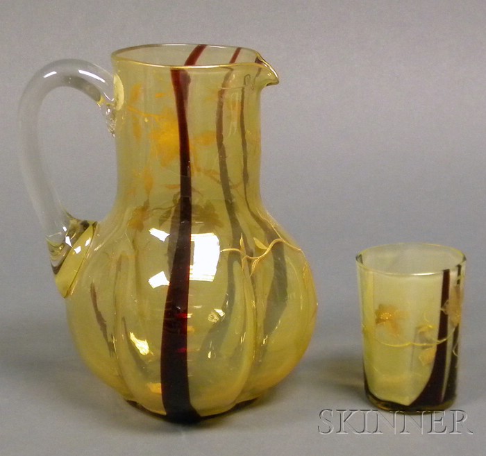 Appraisal: Blown Colored Art Glass Water Pitcher and Tumbler polished pontil