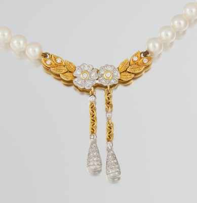 Appraisal: A Mikimoto Pearl k Gold and Diamond Necklace Delicately proportioned