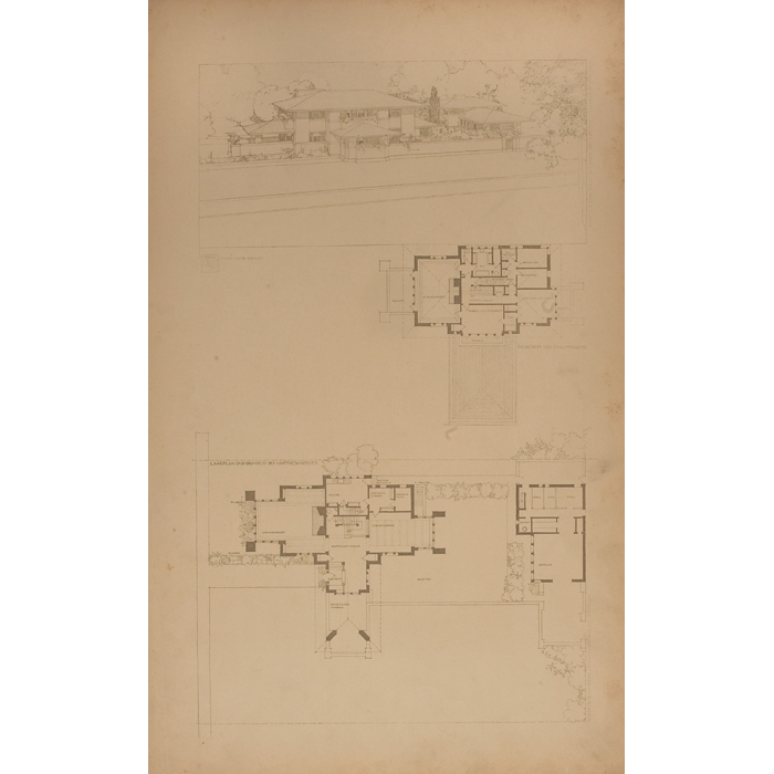 Appraisal: Frank Lloyd Wright Wasmuth print Plate XXVIII exterior elevation and