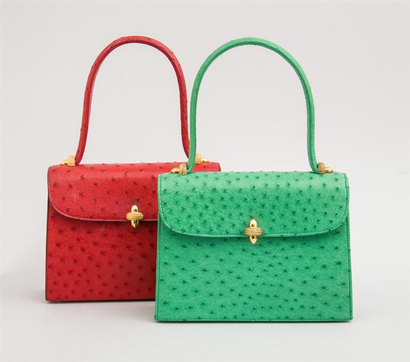 Appraisal: TWO HELLER OSTRICH PATTERNED RED AND GREEN LEATHER HANDBAGS Each