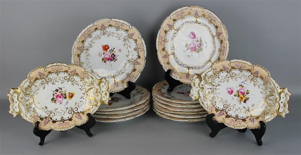 Appraisal: ENGLISH PORCELAIN PEACH-GROUND PART DESSERT SERVICE ca most with puce