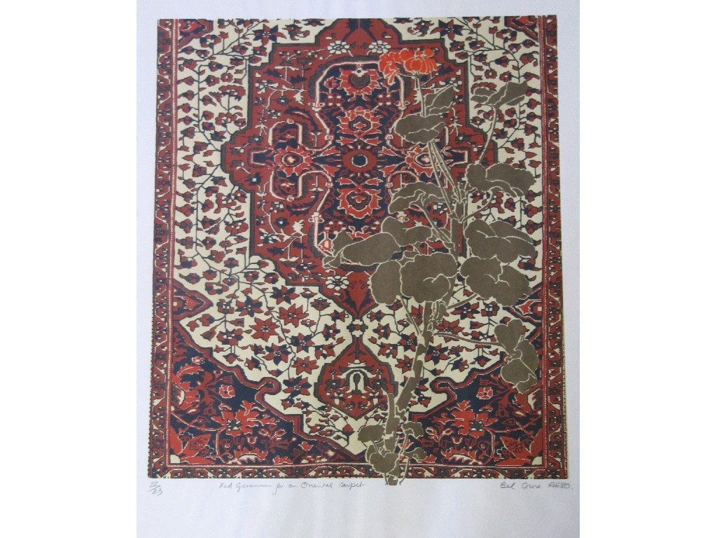 Appraisal: BEL COWIE - Screenprint 'Red Geranium for an Oriental carpet'