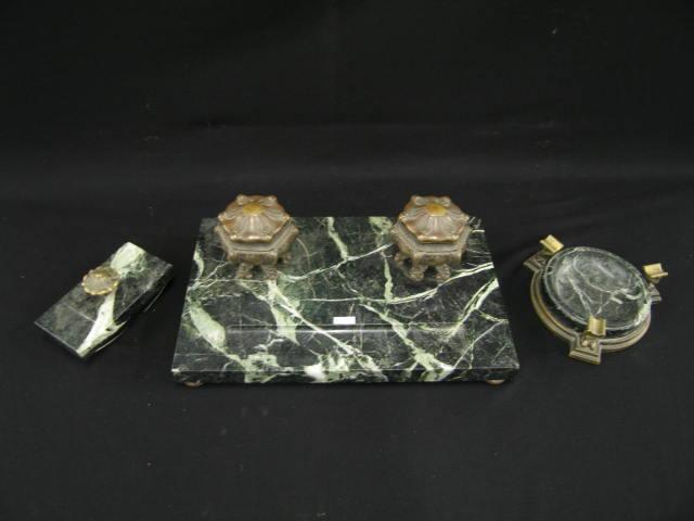 Appraisal: French Victorian Bronze Desk Set massive double well footed inkstand