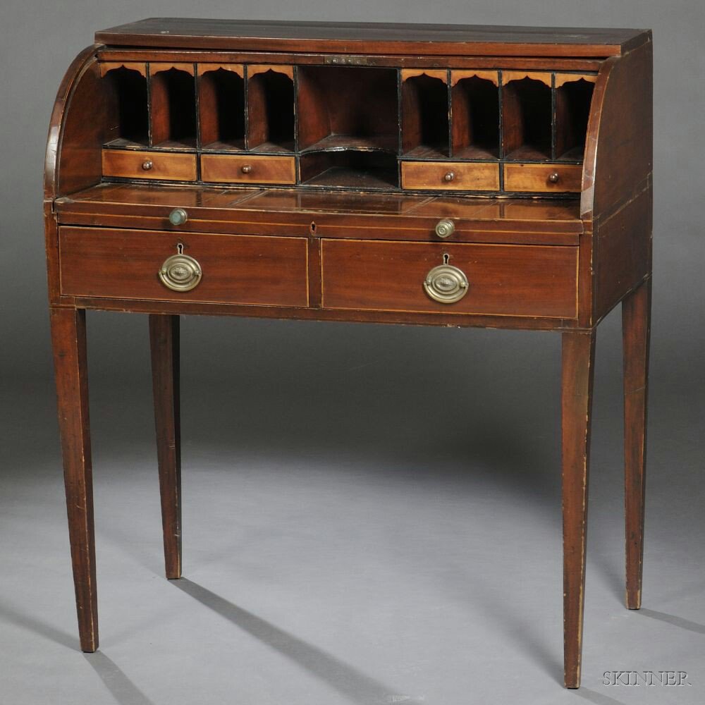 Appraisal: George III Mahogany-veneered Cylinder Writing Desk early th century tambour