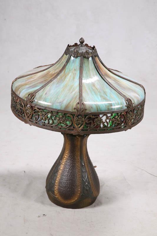 Appraisal: TABLE LAMP Rainbow slag glass paneled shade with metal filigree