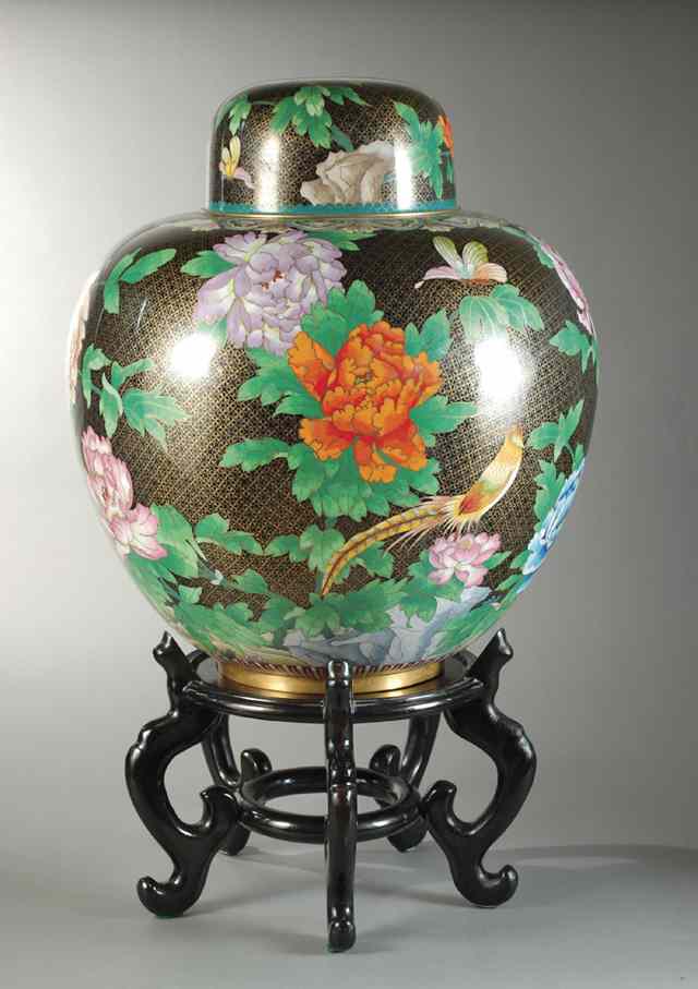 Appraisal: LARGE CHINESE CLOISONNE FLOOR JAR ON STAND the ovoid vessel