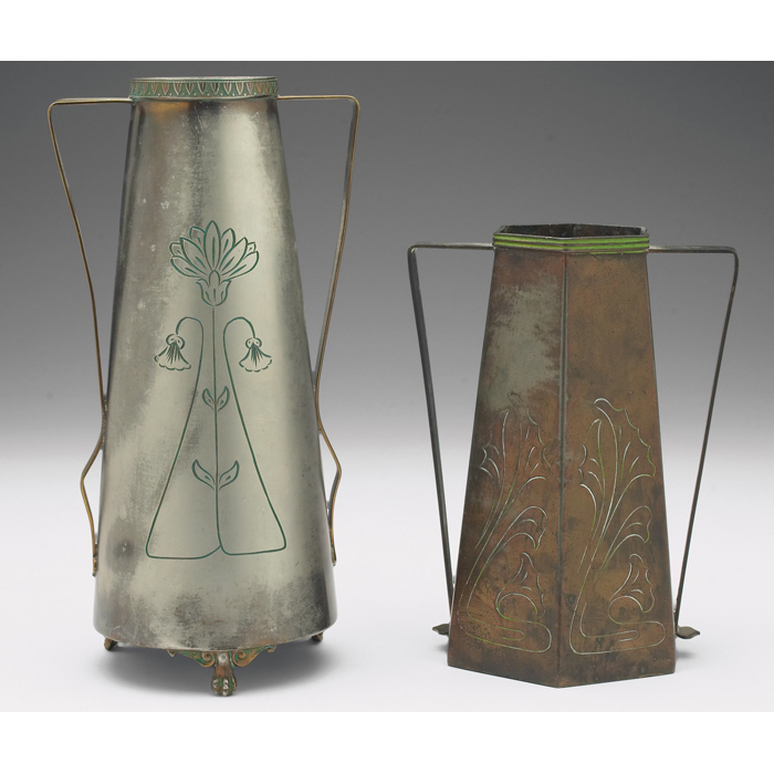 Appraisal: Benedict Studios vases two doublehandled shapes in karnak brass withtooled