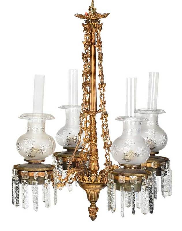 Appraisal: American Classical Gilt Brass Oil Chandelier possibly Boston Massachusetts attributed