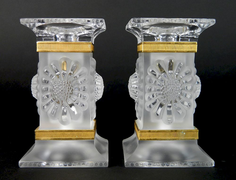 Appraisal: Lalique pair of frosted molded glass candlestick Lalique pair of