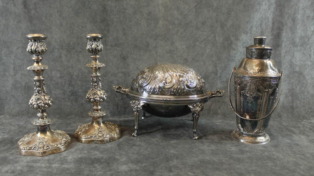 Appraisal: FOUR ARTICLES OF SILVER-PLATE HOLLOWARE early pair of silver on