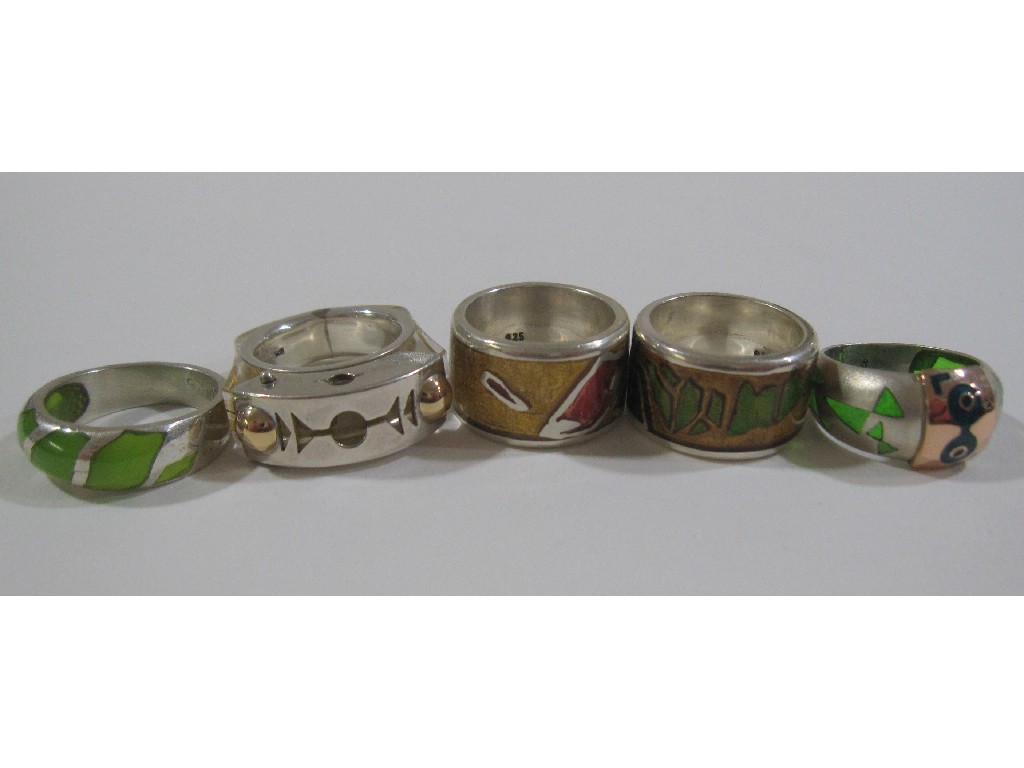 Appraisal: Lot comprising five Moshiko silver and resin dress rings