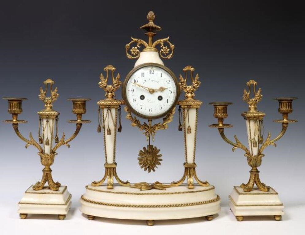 Appraisal: FRENCH LOUIS XVI STYLE GILT METAL CLOCK SET piece French