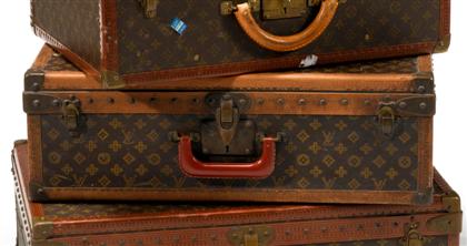 Appraisal: Louis Vuitton hardsided suitcase With 'LV' patterned fabric outlined in