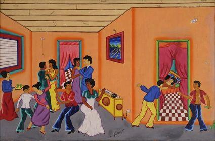 Appraisal: HAITIAN SCHOOL TH C PARTY SCENE Oil on masonite x