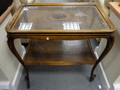 Appraisal: Queen Anne legged hostess trolley with decorated glass top tray