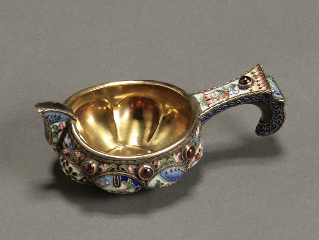 Appraisal: Russian Silver Gilt and Shaded Enamel Small Kovsh Fedor Ruckert