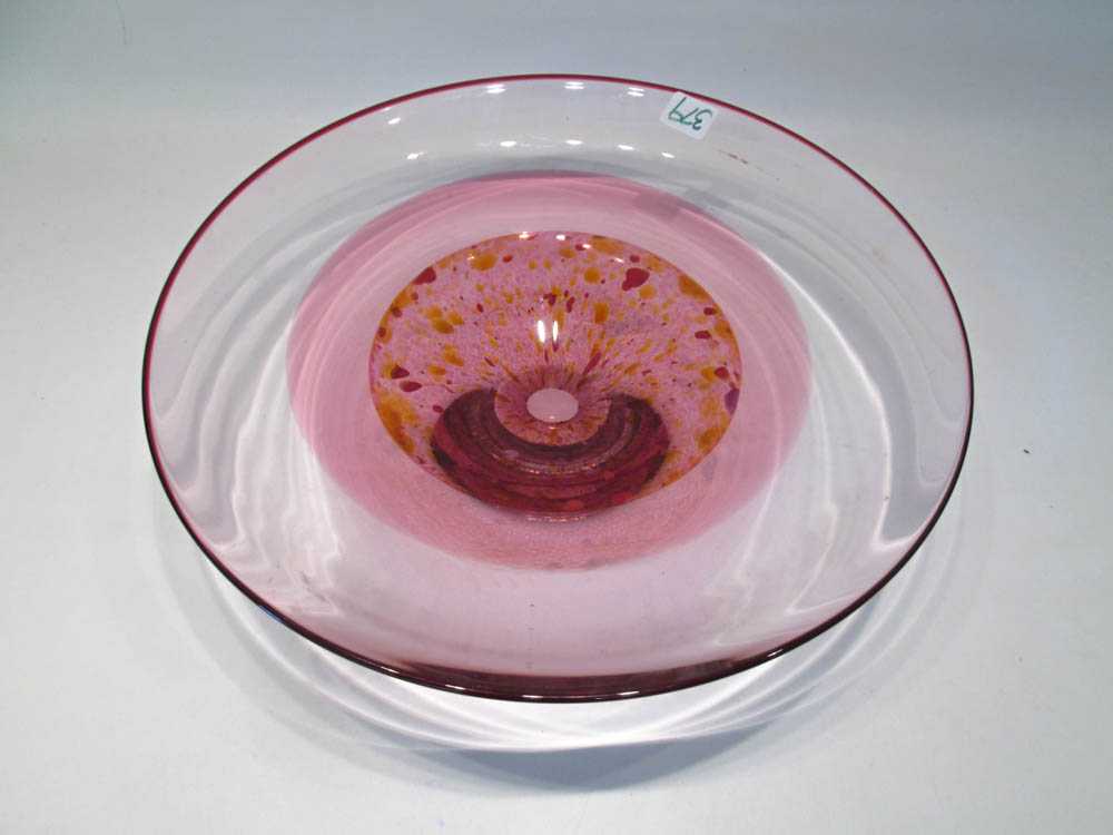 Appraisal: HADELAND GLASSVERK PINK GLASS BOWL having a frit decorated interior