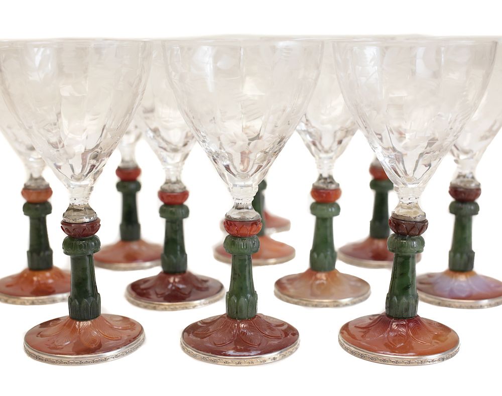 Appraisal: Yamanaka Jade Silver Wine Glasses A fine set of silver