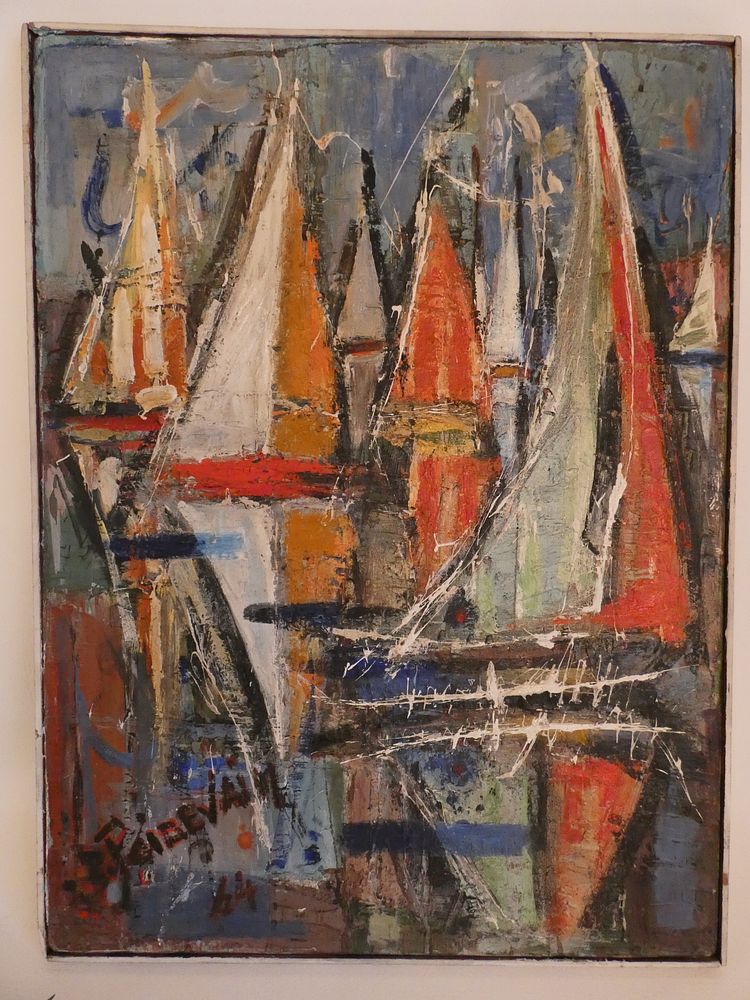 Appraisal: S ROIDEVAIN ABSTRACT BOAT PAINTING Old oil on canvas abstract