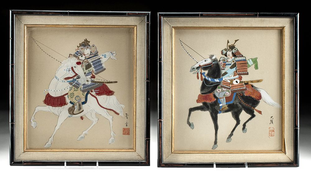 Appraisal: Vintage Japanese Meiji Samurai on Horses Paintings East Asia Japan