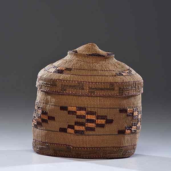 Appraisal: Tlingit Rattle-Top Basket imbricated design executed in green purple and