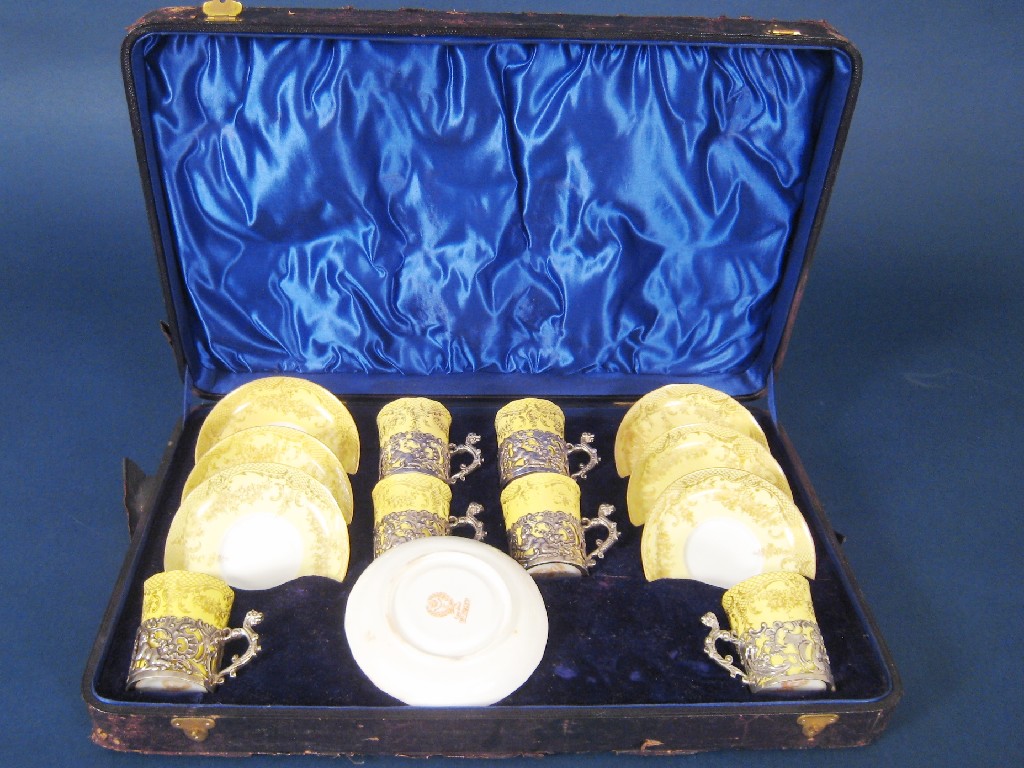 Appraisal: Six Staffordshire Coffee Cans and Saucers with yellow and gilt