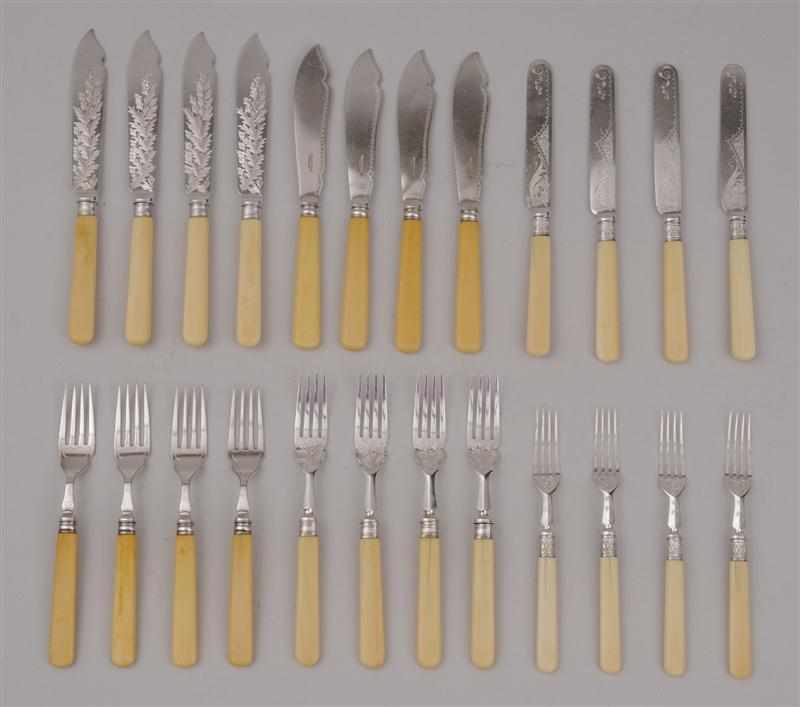 Appraisal: ASSEMBLED GROUP OF ENGLISH FAUX IVORY-HANDLED FLATWARE Comprising a set