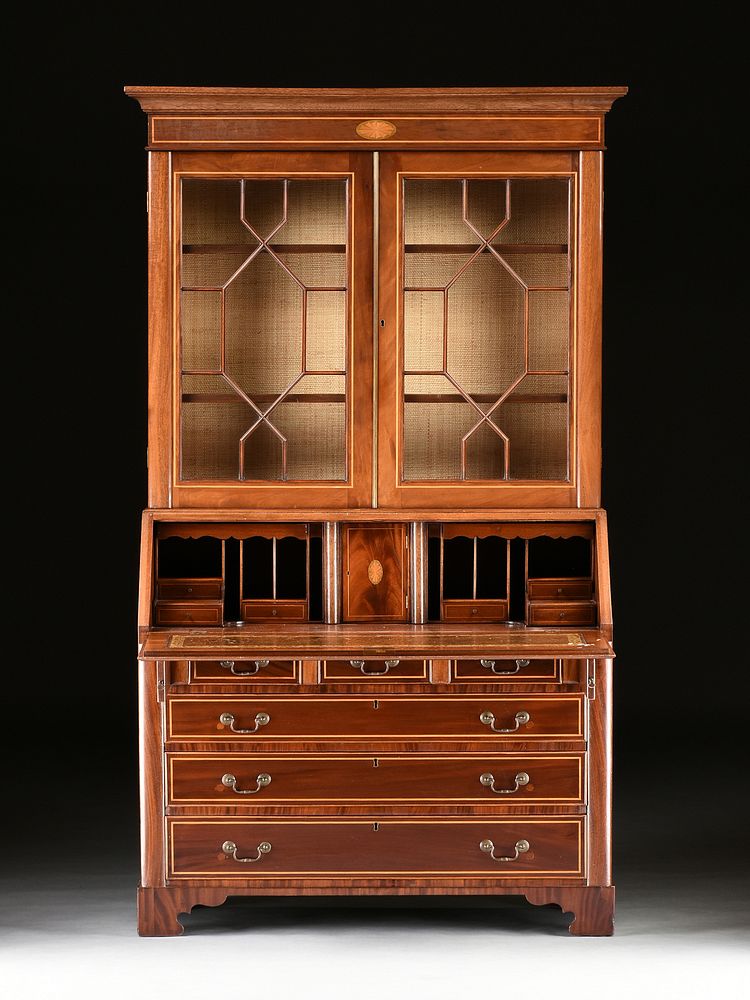 Appraisal: A FEDERAL SATINWOOD INLAID FLAME MAHOGANY DROP FRONT SECRETARY BOOKCASE