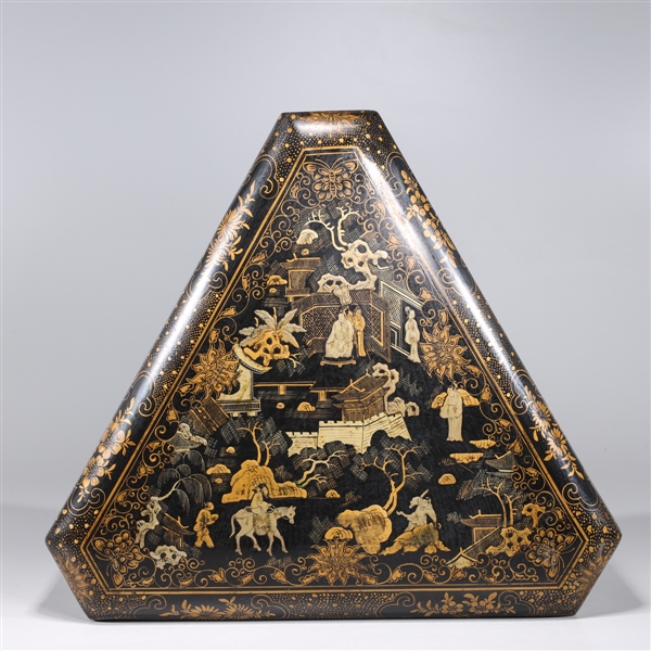 Appraisal: Chinese gilt lacquer triangular box with landscape and figures overall