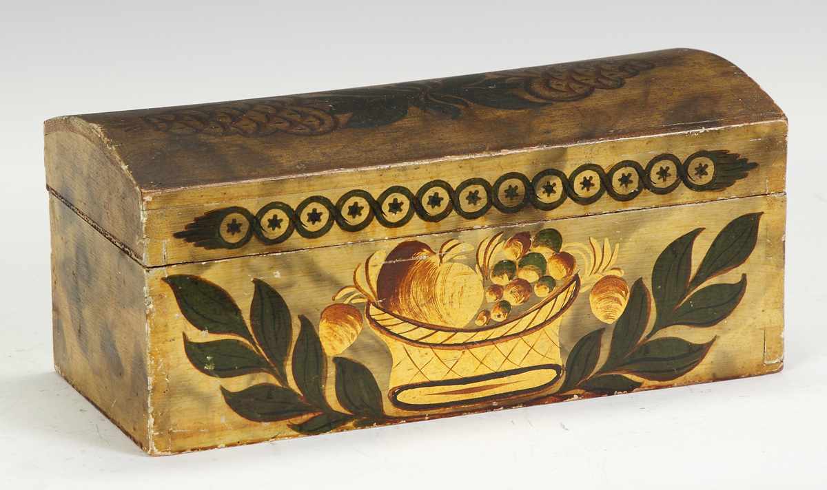 Appraisal: NY State Painted Decorated Smoke Grained Pine Domed Box Mustard