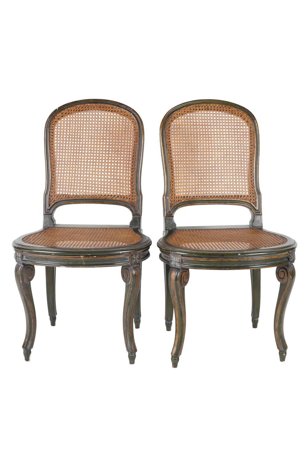 Appraisal: PAIR OF GREEN-PAINTED WOOD CANE SIDE CHAIRS th century with