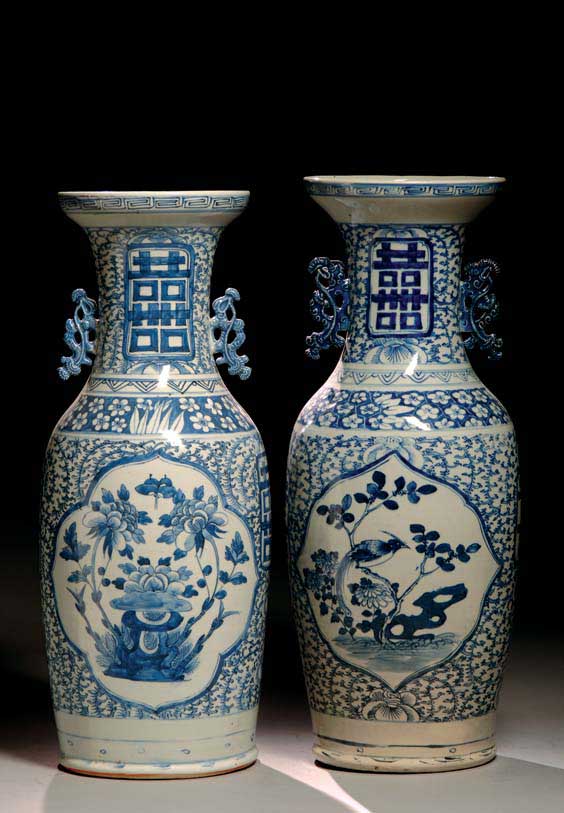 Appraisal: PAIR ANTIQUE BLUE AND WHITE VASES Pair of tall antique