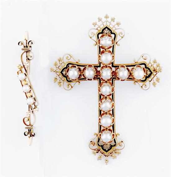 Appraisal: Victorian pearl cross and brooch circa filigree and taille d'epergne