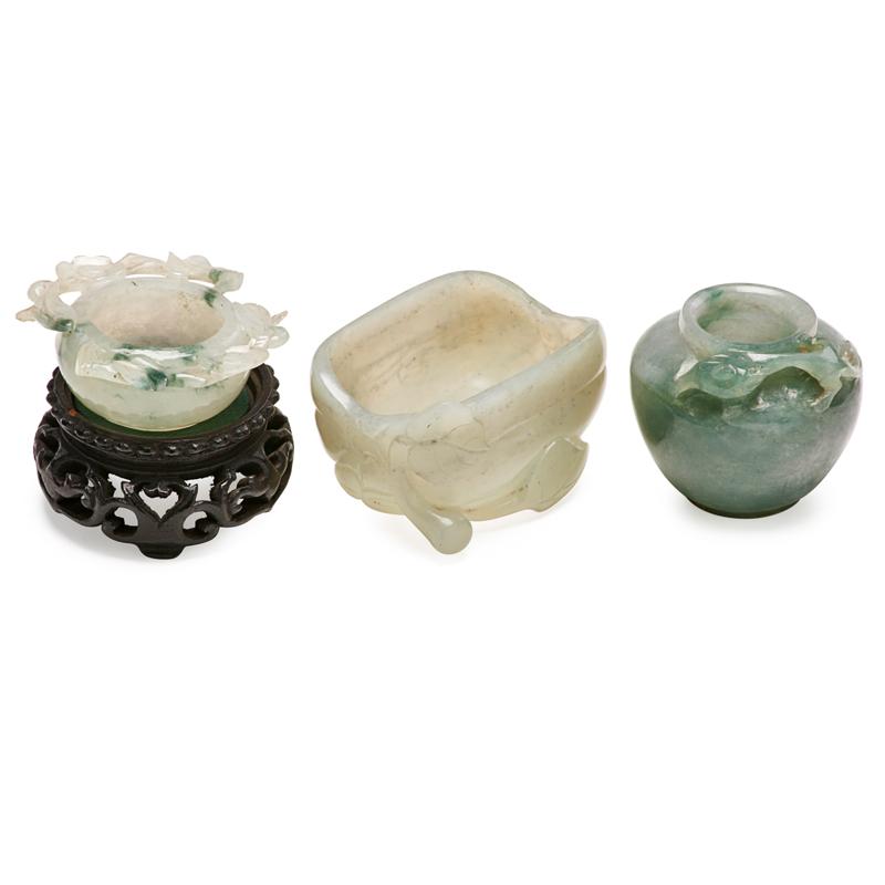 Appraisal: CHINESE JADE MINIATURES Three One brush pot and two bowls