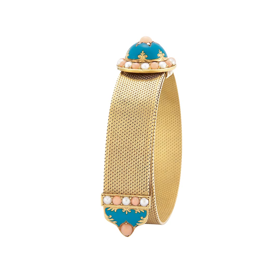 Appraisal: Antique Gold Coral Split Pearl Enamel and Diamond Slide Bracelet