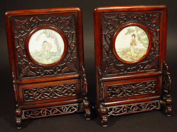 Appraisal: Pair of Oriental circular porcelain panels each hand painted with