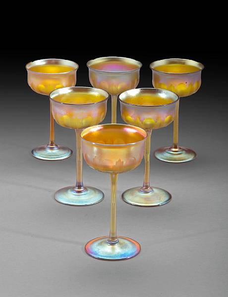 Appraisal: A set of six Tiffany Favrile engraved glass Prince champagnes