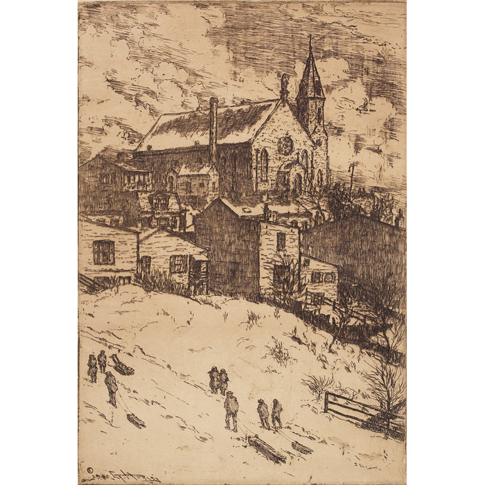 Appraisal: E T Hurley etching Mt Adams church and sled riders