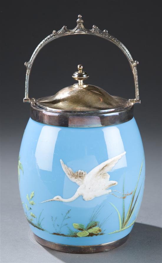 Appraisal: Enamel painted blue glass cracker jar with crane and palm