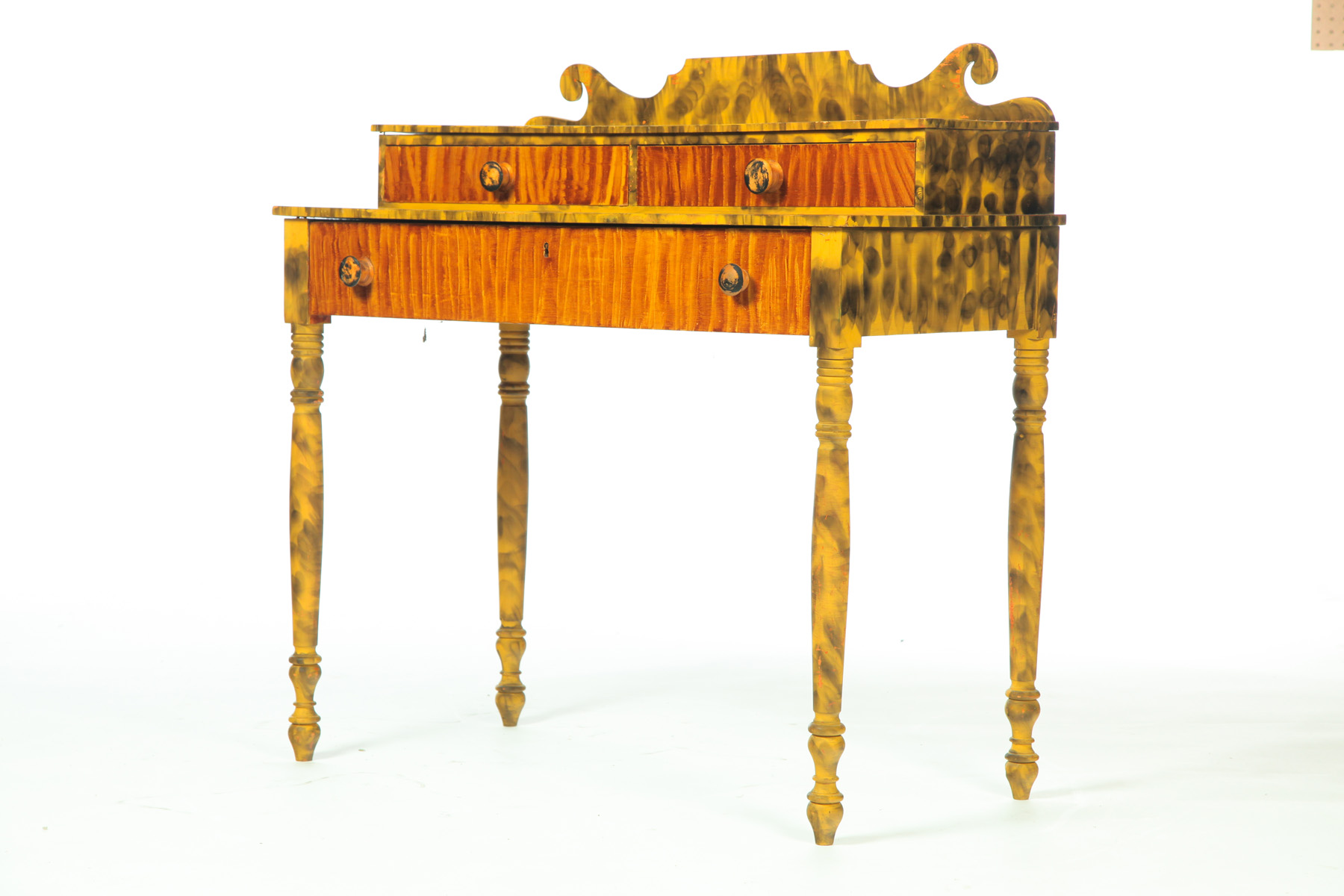 Appraisal: DECORATED DRESSING TABLE New England - pine Scrolled backsplash tiered