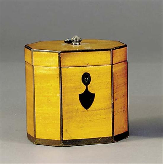 Appraisal: Regency style inlaid satinwood tea caddy late th centuryoctagonal form