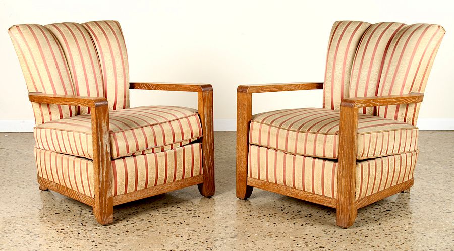 Appraisal: PAIR FRENCH CERUSED OAK OPEN ARM CLUB CHAIRS A generous